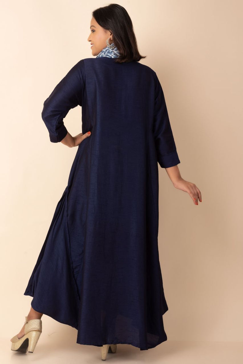 Indo Western Dress With Scarf In Navy Blue Colour