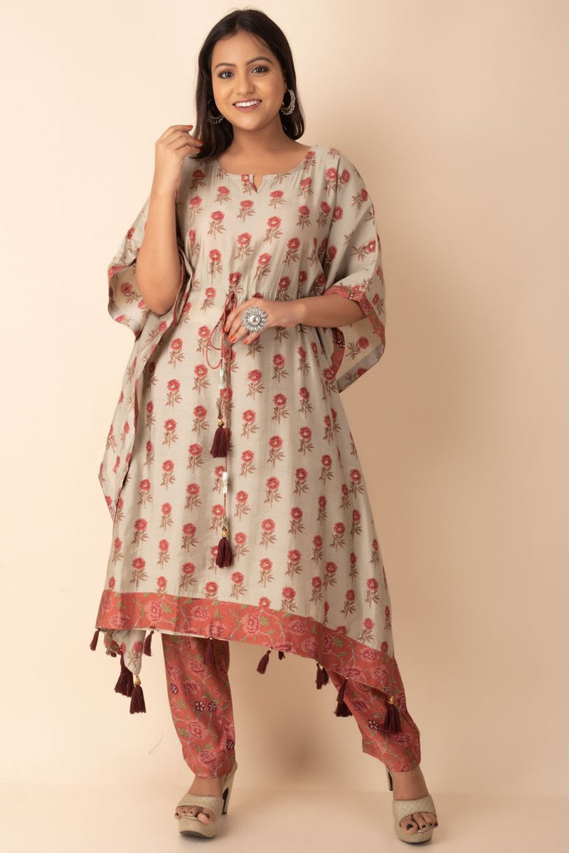 Indo Western Kaftan Set With Printed Bottom