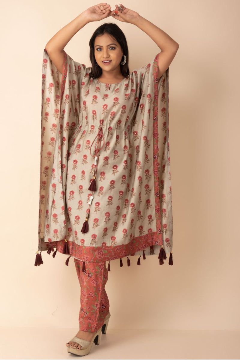 Indo Western Kaftan Set With Printed Bottom