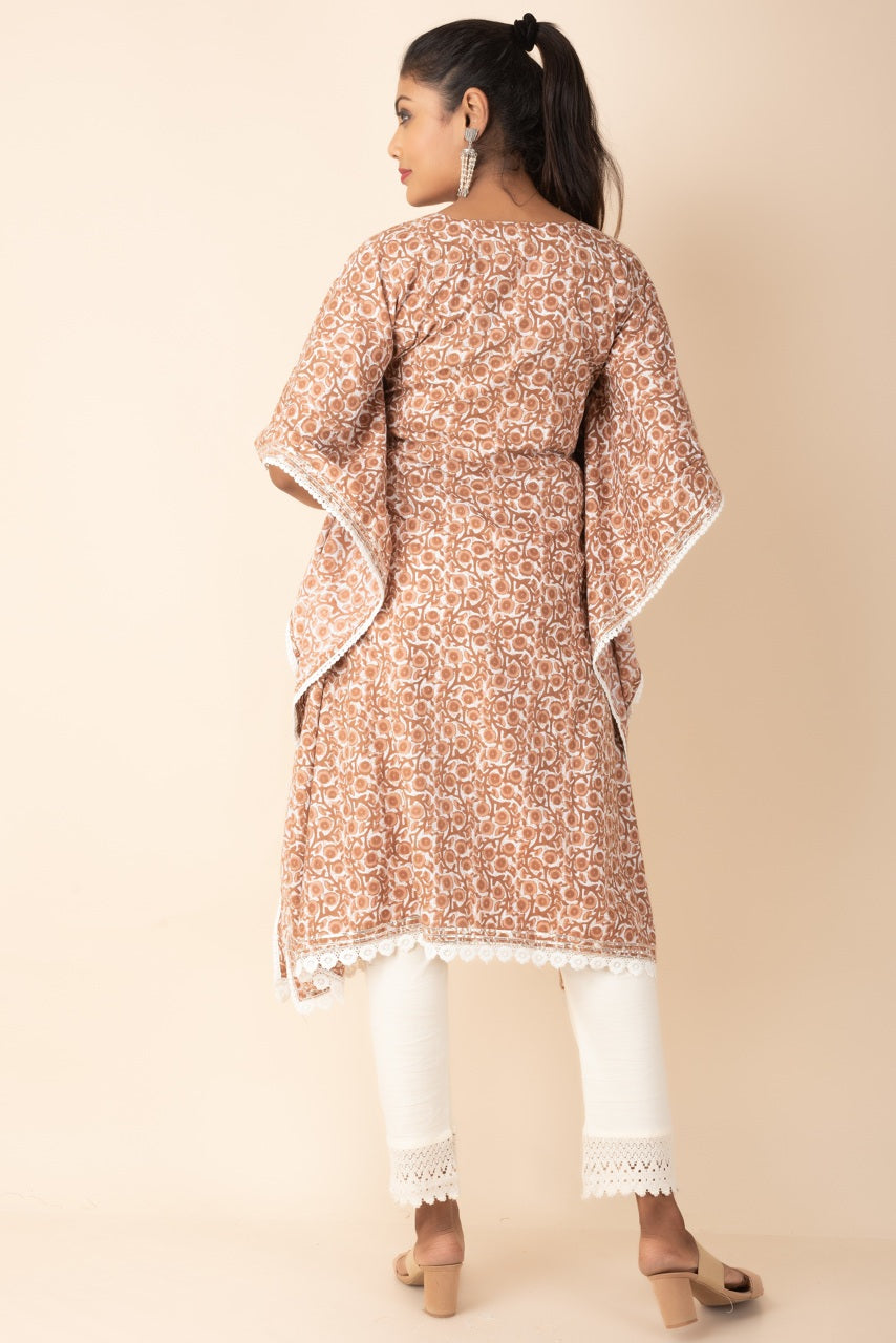 Kaftan Style Kurti in Printed Cotton with Tassel in Yoke