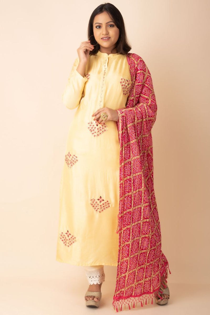 Long Kurti In Yellow With Red Chundari Dupatta