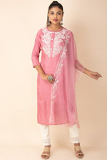 Muslin Kurti With Thread Work and Organza Dupatta