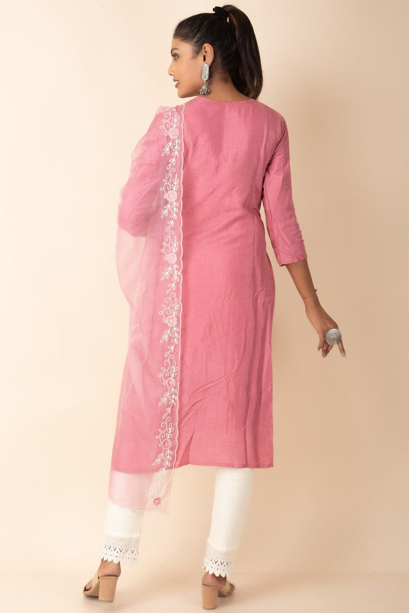 Muslin Kurti With Thread Work and Organza Dupatta