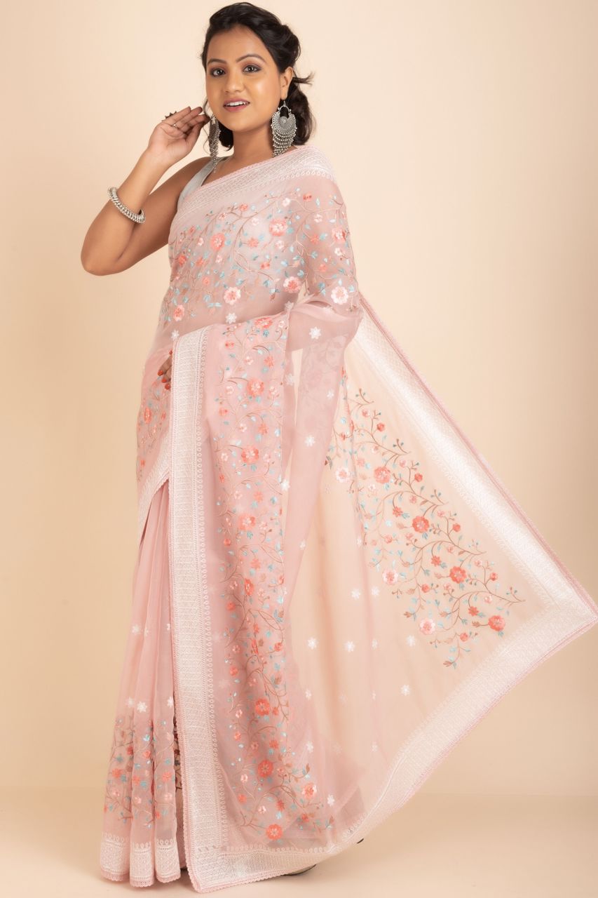 Organza Saree Rich With Resham Embroidery and Lace Border