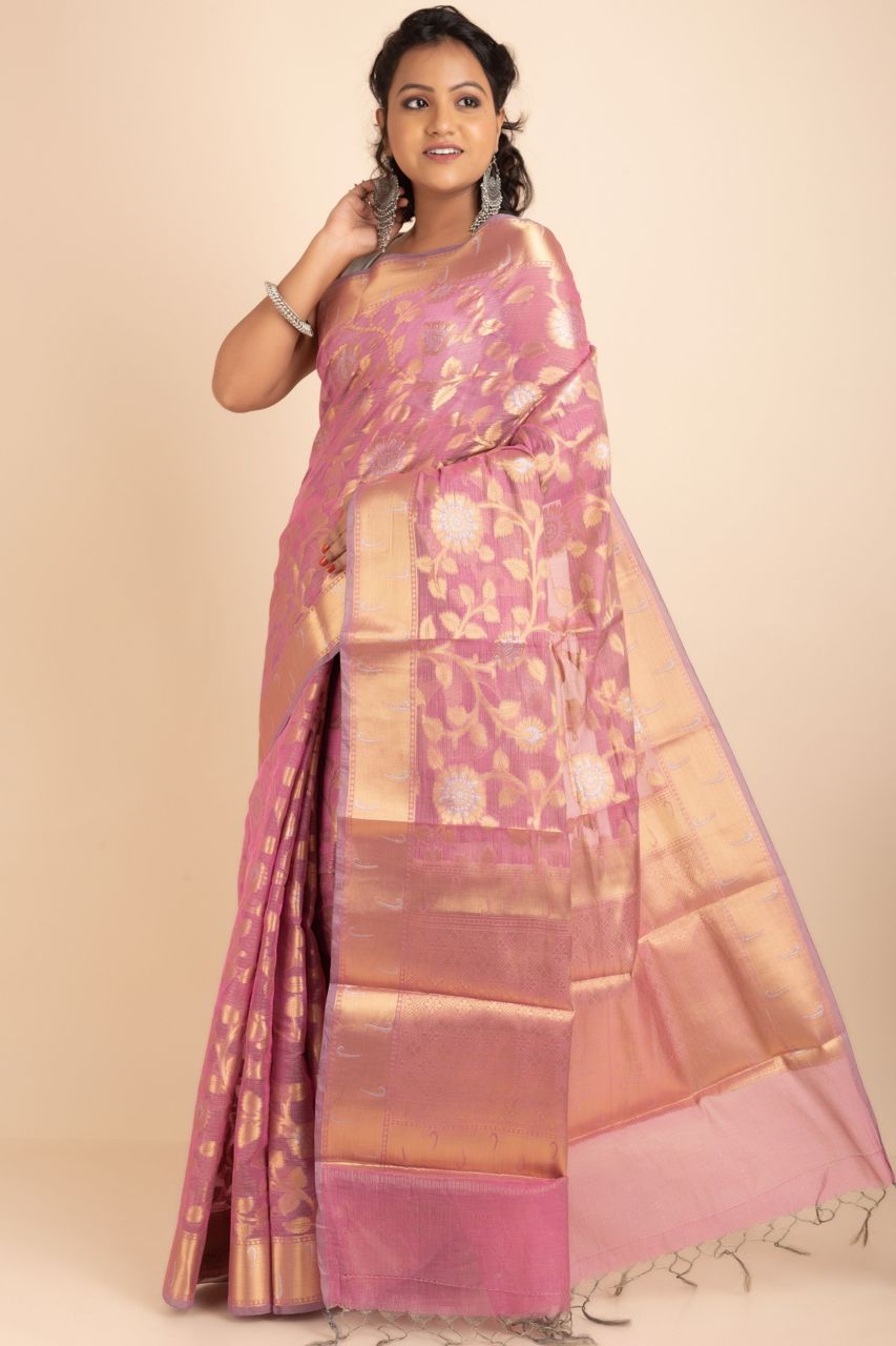 Pink Uppada Cotton Saree Rich With Zari Woven