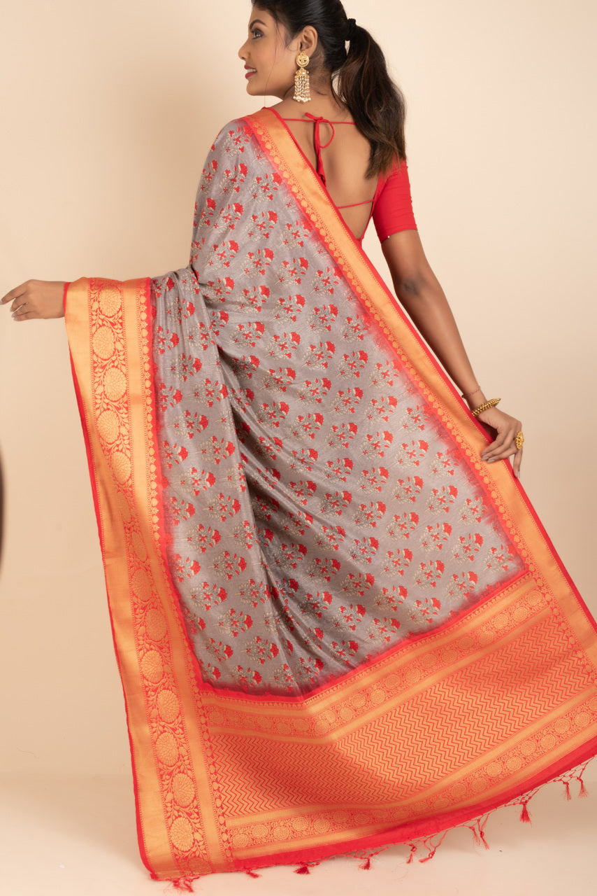 Printed Fancy Silk Saree In Grey and Red Combination