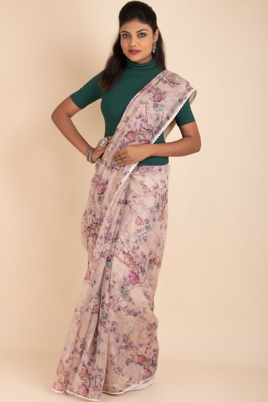 Printed Organza Saree In Light Onion Pink Colour