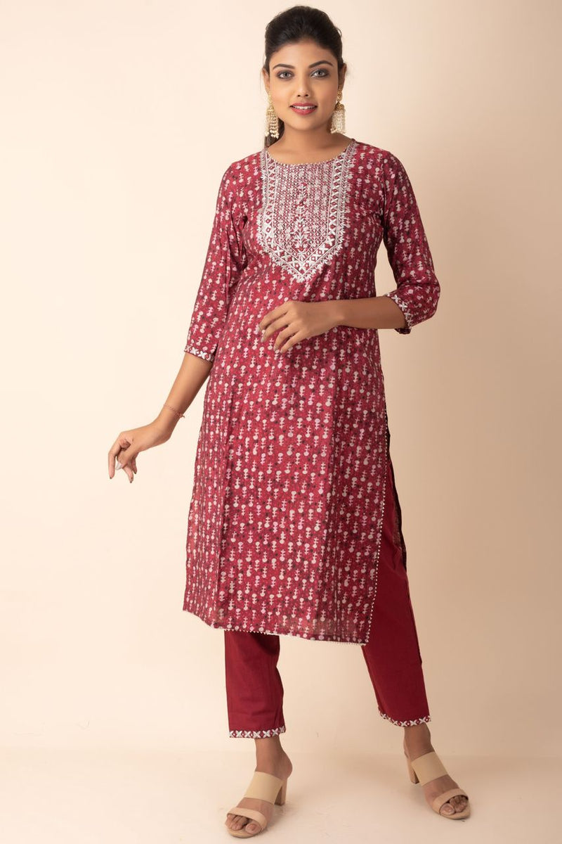 Red Cotton Kurti With Straight Pant Bottom