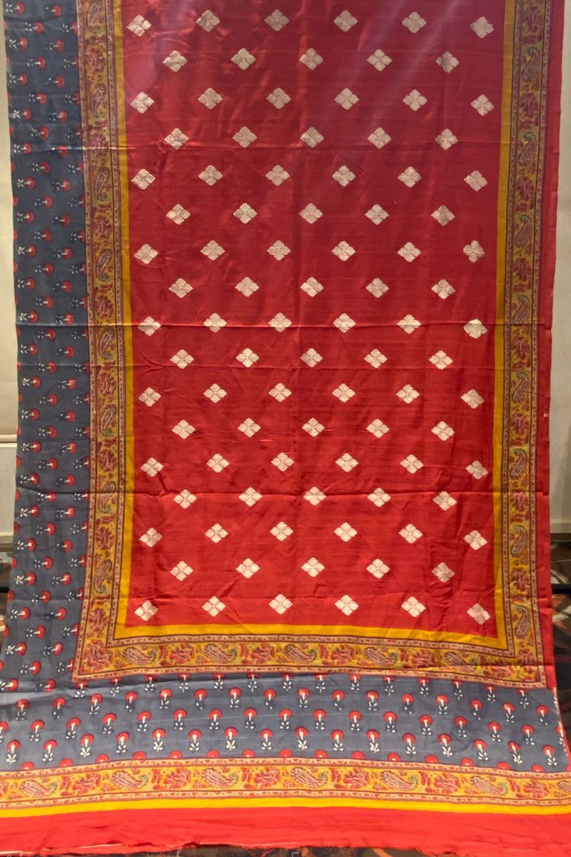 Red & Grey Tussar Saree