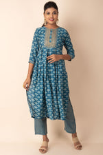 Trendy Cotton Kurti With Pant Bottom in Rama Green