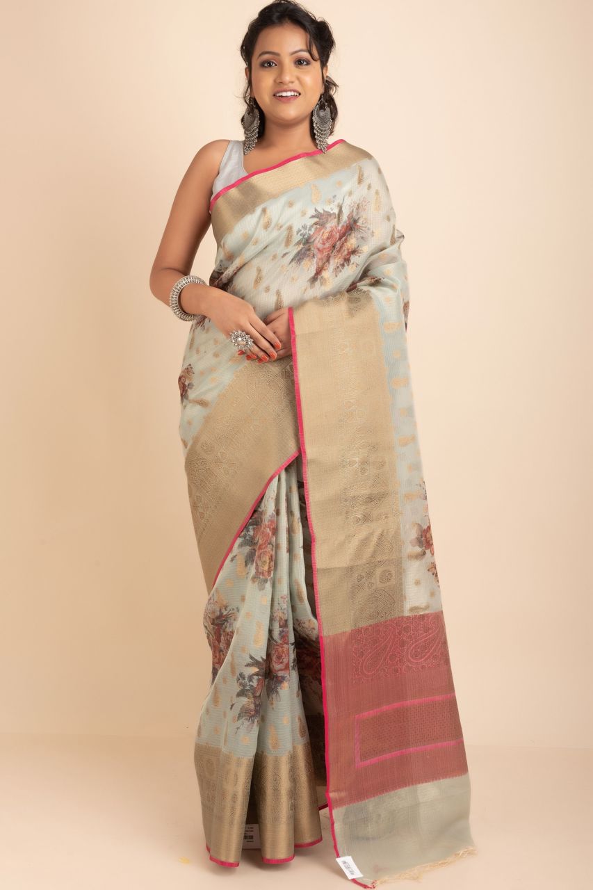 Zari Kota Saree on Cotton Base- Digital Printed