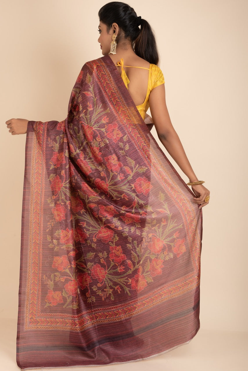 Handloom Tussar Saree With Floral Prints