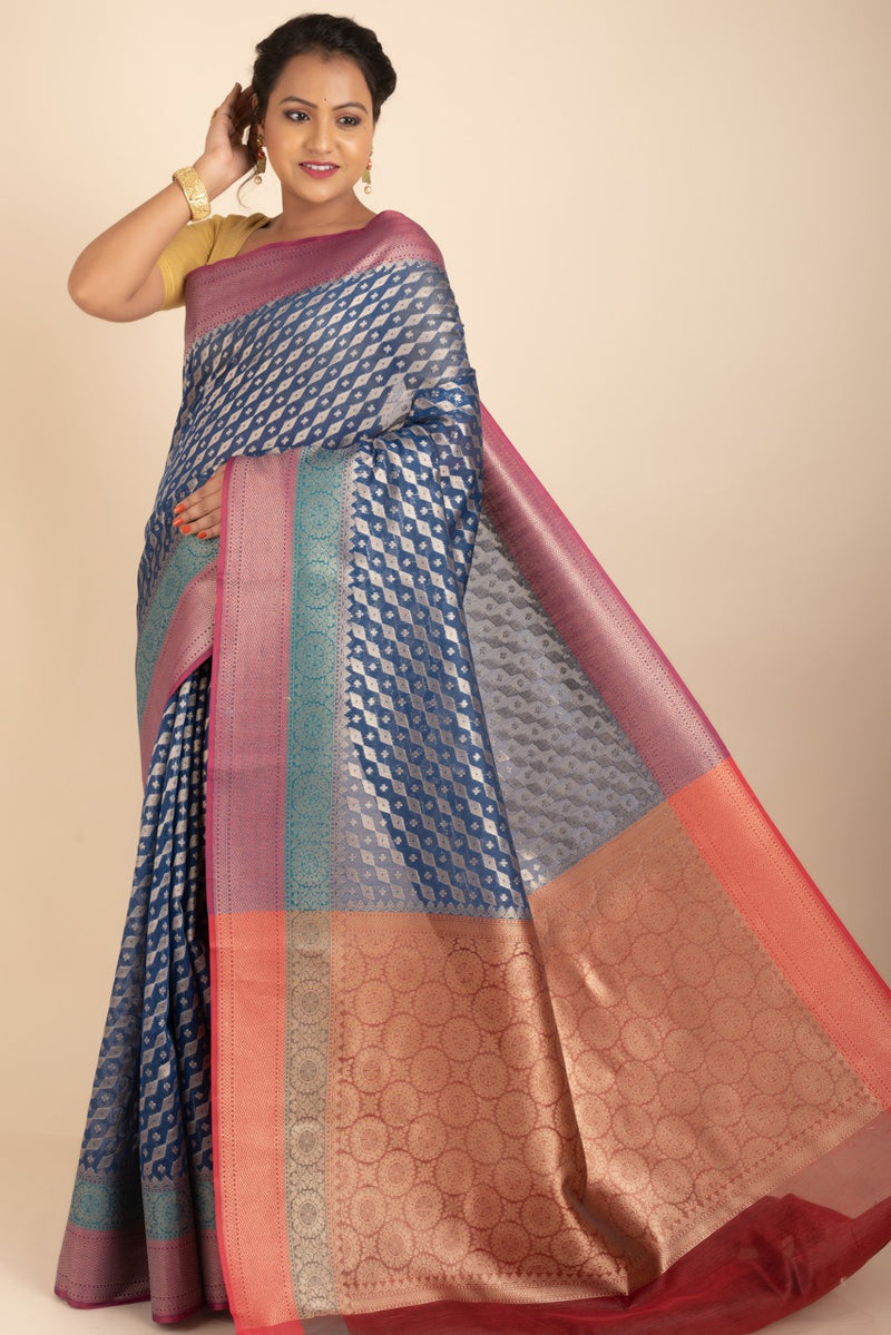 Georgett Khaddi Saree in Blue Colour With Zari Woven