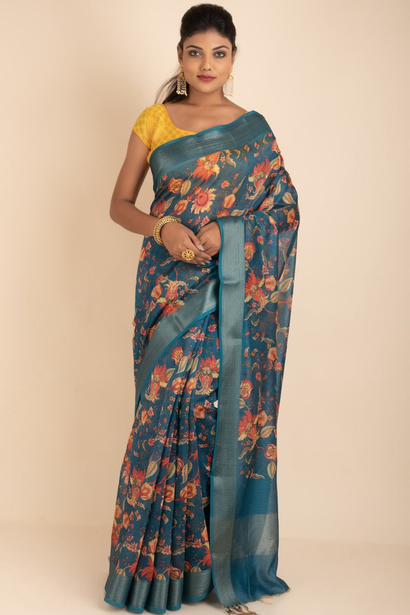 Handloom Tussar Saree With Floral Prints and Woven Border