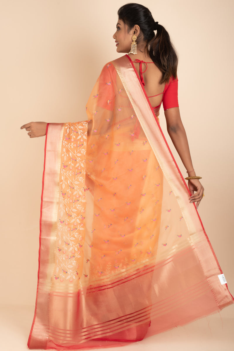 Chanderi Cotton Saree in Orange Colour