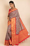 Printed Fancy Silk Saree In Grey and Red Combination